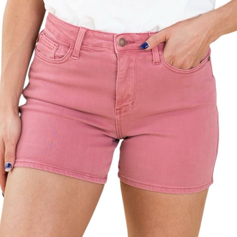 Judy Blue High Rise Shorts Rose Garment Dyed Embroidery Stretch Denim NWT
